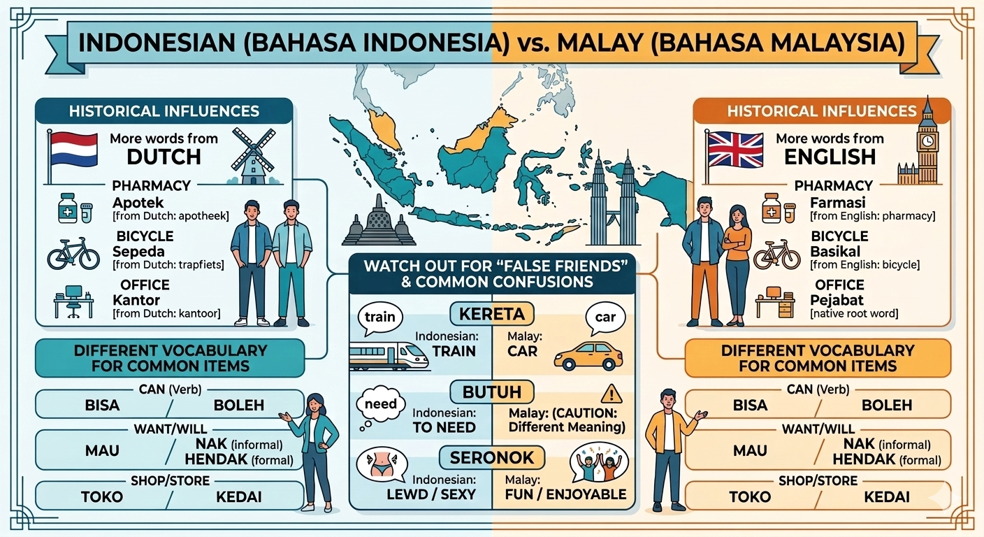 Side-by-side comparison chart of Indonesian and Malay vocabulary differences for expat learners
